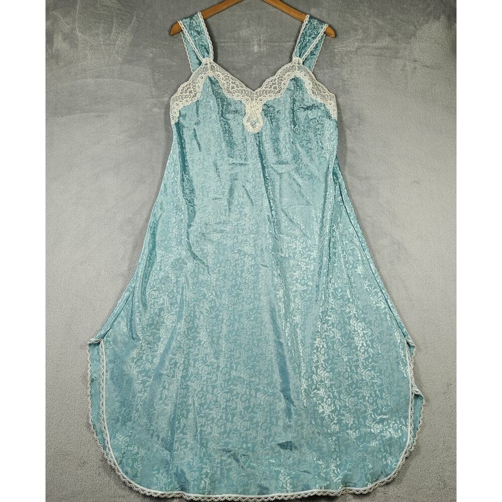 Vintage Lucie Ann II Nightgown Womens M‎ Blue Floral Satin Lace Bridal Lingerie